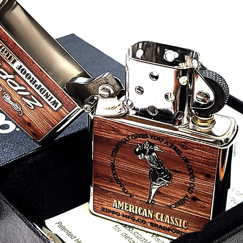 Zippo Windy American Classic Wooden Silver 2 Sided Processing Lighter Japan