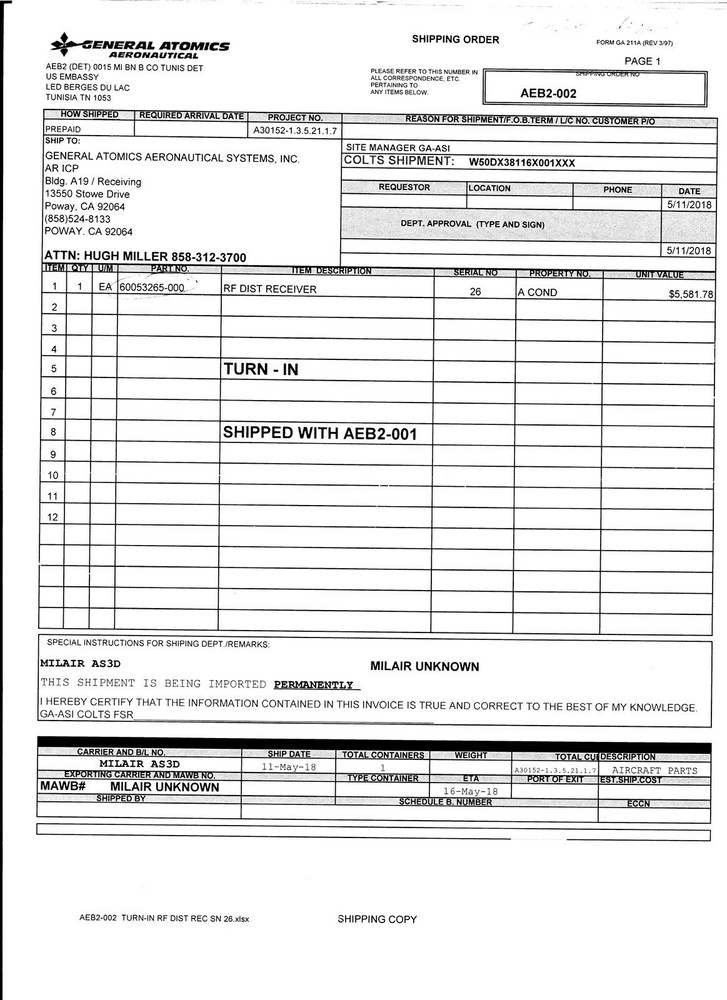 General Atomics RF Microwave Distribution Receiver Aircraft Avionics