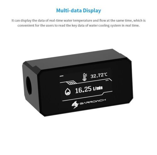 BarrowCH Digital OLED Display Inline Flow Meter Thermometer for Water Cooling
