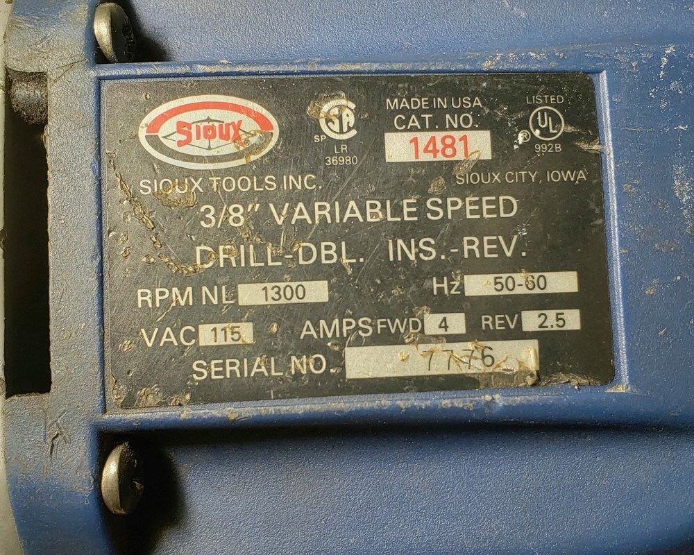 Used SIOUX 3/8" Variable Speed Reversible Drill With Jacobs Chuck 1 Hp # 7776