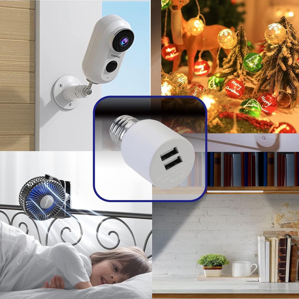 Borju Light Socket USB Adapter for Decorative Lights,Lighting,Security White