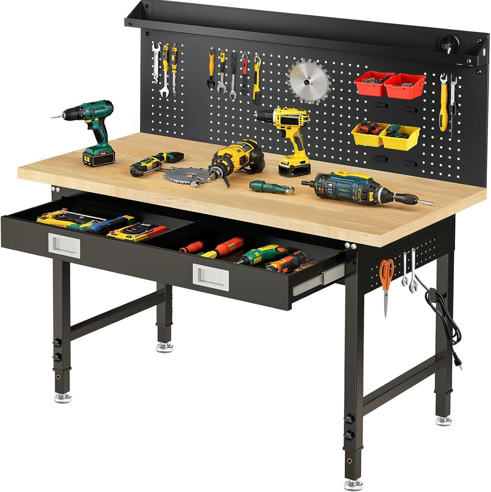 60" Adjustable Work Bench with Drawers, Workbench for Garage with Strip Light, W
