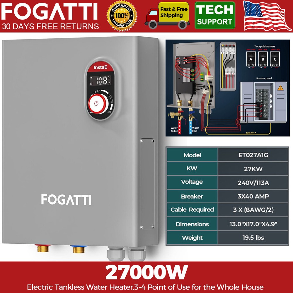 27,000W Tankless Water Heater Electric 240V 6.7 GPM Instant Hot for Whole House