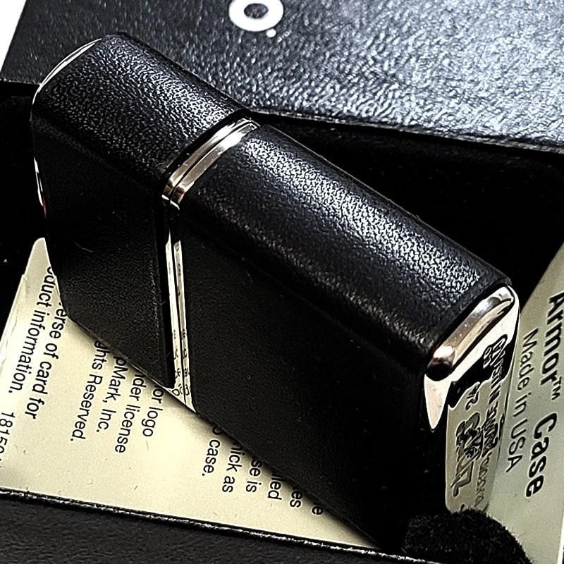 Zippo Armor Case Black Cowhide Leather Silver 3 Sided Processing Lighter Japan
