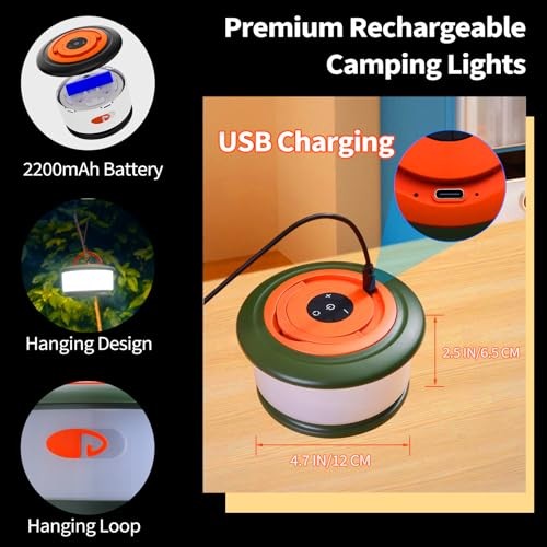 Camping String Lights, Rechargeable Tent Lights String with 6 Lighting Modes,