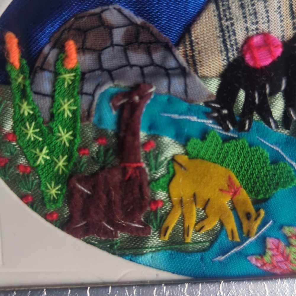 Framed Folk Boho Embroidery Patchwork Scene Hand-Stitched Textile Patchwork Art