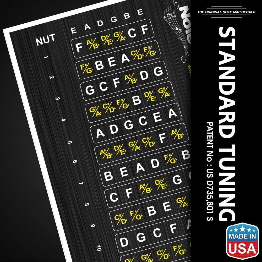 Learn Guitar Note Placement Note Map Decals-Stickers w/Mini Chord Chart 2pk