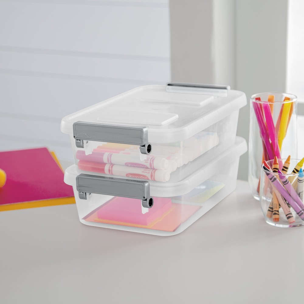 (2 pack) Sterilite 2.7 Quart Storage Box, Clear Plastic,Gray Write-on ID Latches