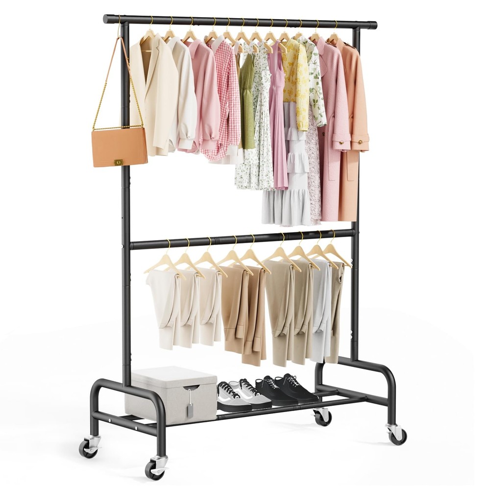 2 Tier Clothes Rcks for Hanging Clothes, Heavy-Duty Clothing Rack with Wheels...