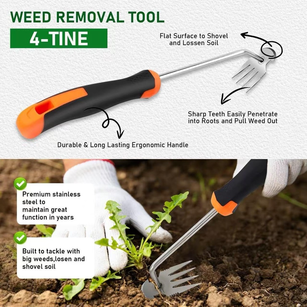Weed Puller Tool, 2-in-1 Hand Weeder Tool with 4 Sharp Tines & Blade, Mangane...