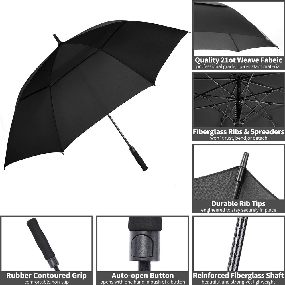 Large 62/68/72 Inch Automatic Open Golf Umbrella, Double Canopy, Windproof