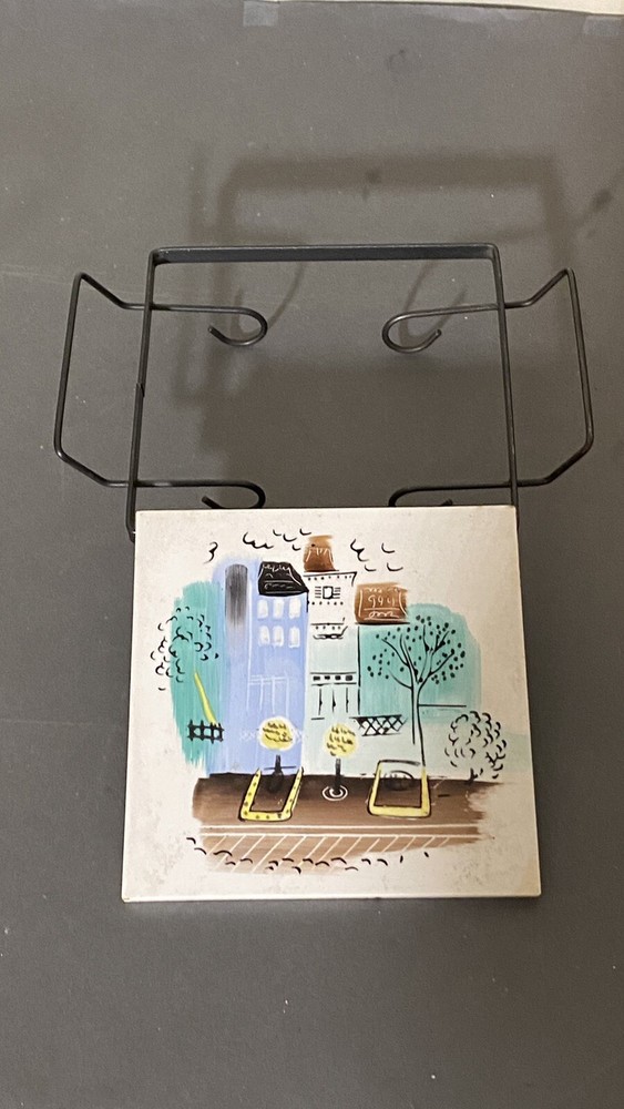 MCM Tile Trivet With Painted Cityscape Design