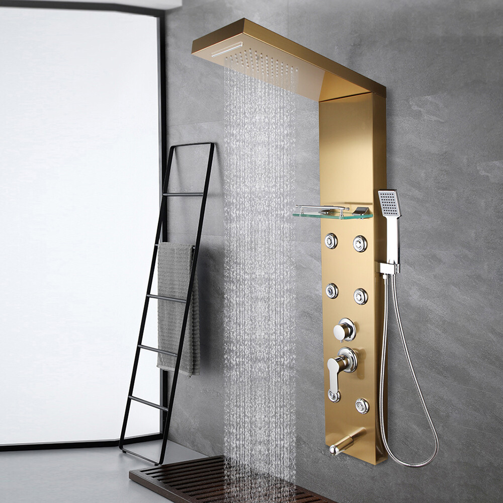 Temperature Digital Display Shower Panel Body Massage System Jet Tower W/ Shelf