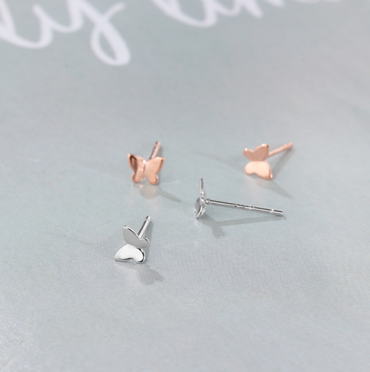 Solid Sterling Silver 925 Adorable Tiny Dainty Butterfly Stud Earrings 4mm AJ