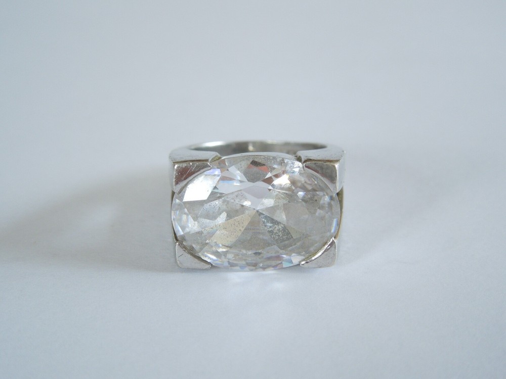 925 Sterling Silver Ring Stone Transparent Clear Large 14.4 G/Size 54