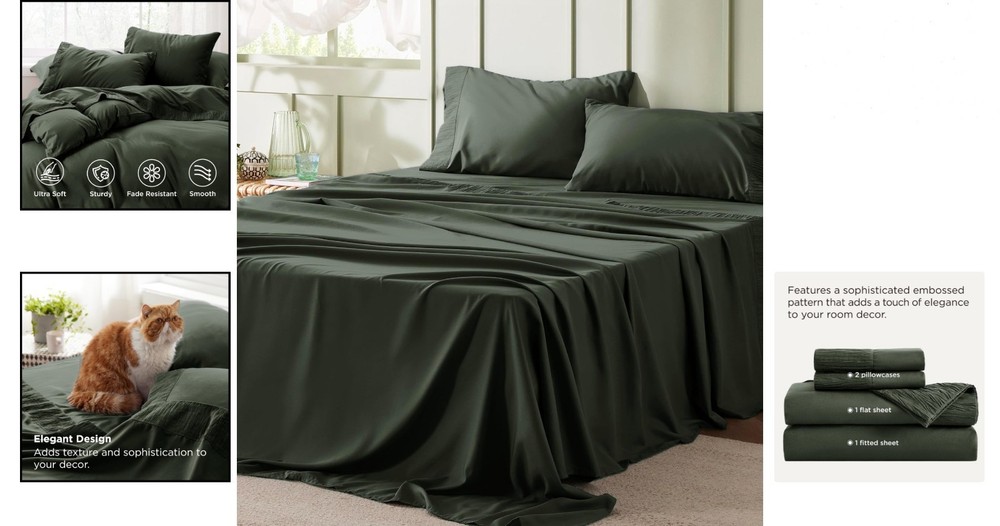 Queen Sheet Set - 4PC Breathable Cooling Microfiber - Hotel Luxury Olive Green