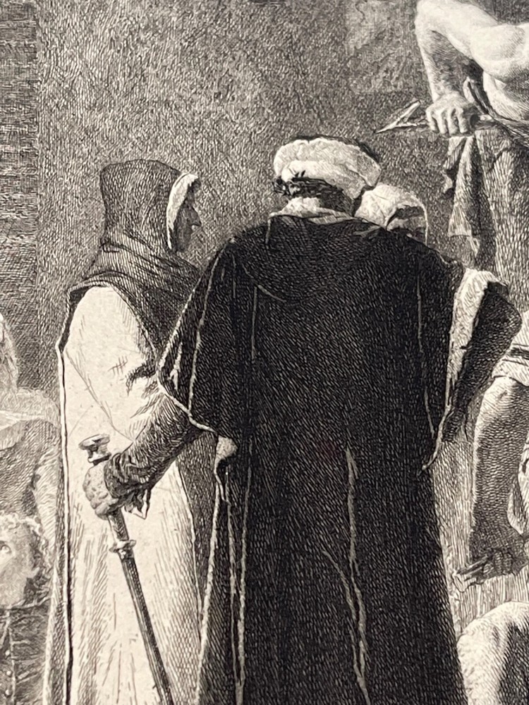 Antique Engraving Monk and crowd in front 3423