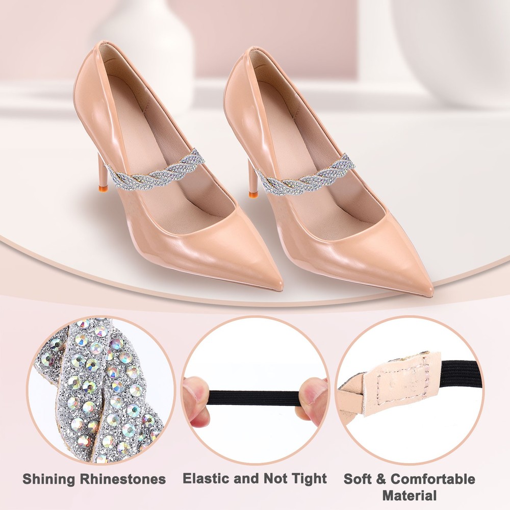 2 Pcs Rhinestone Elastic Shoe Straps Heels Ankle Straps, Silver+Gradient Silver