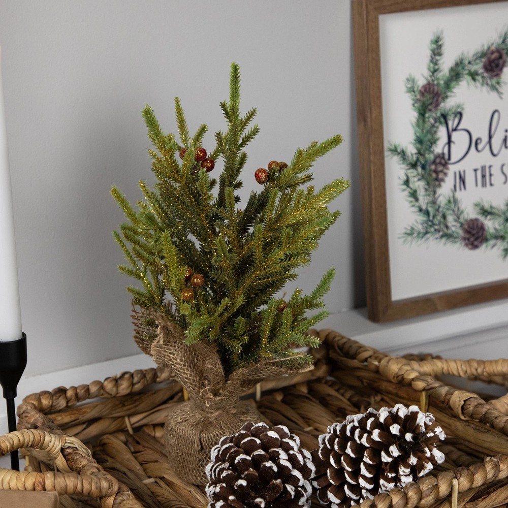 Northlight Mini Pine Berries Artificial Christmas Tree Burlap Base - 12" - Unlit