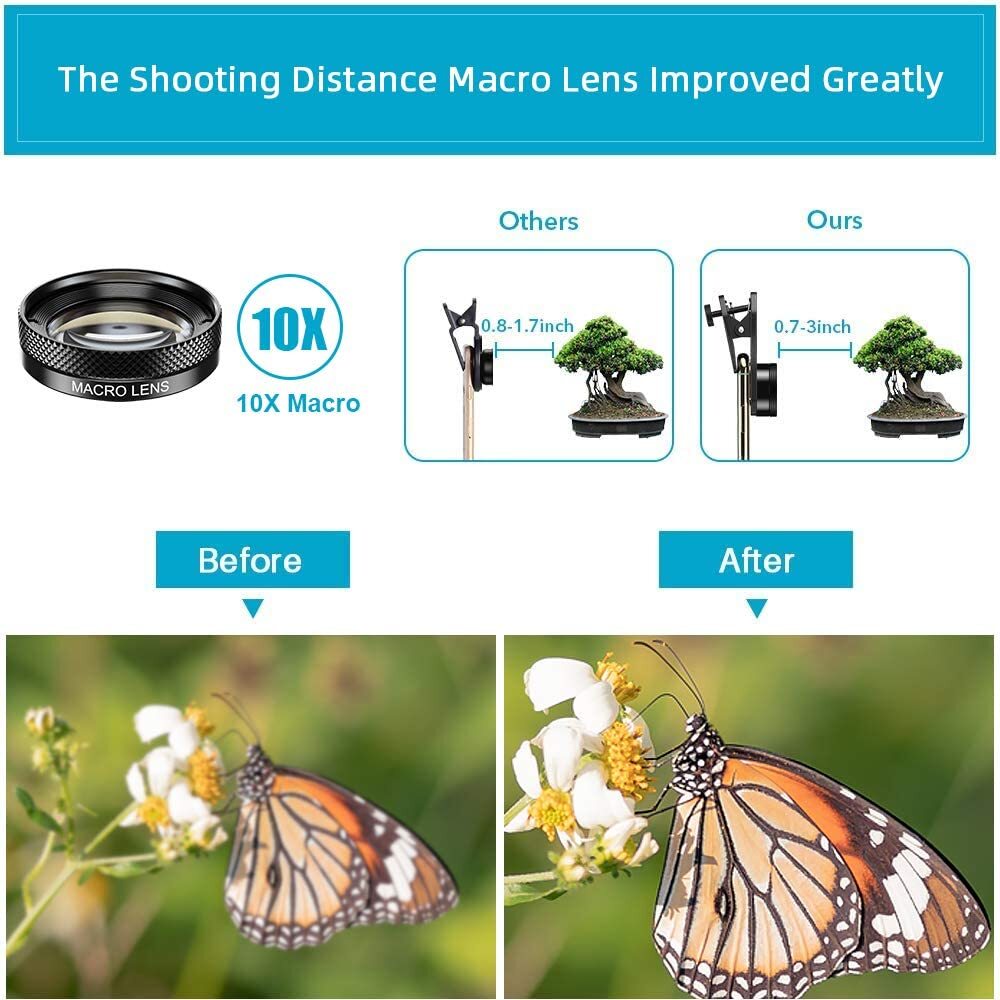 Apexel Cell Phone Camera Lens Kit Wide Angle Universal Clip for iPhone Android