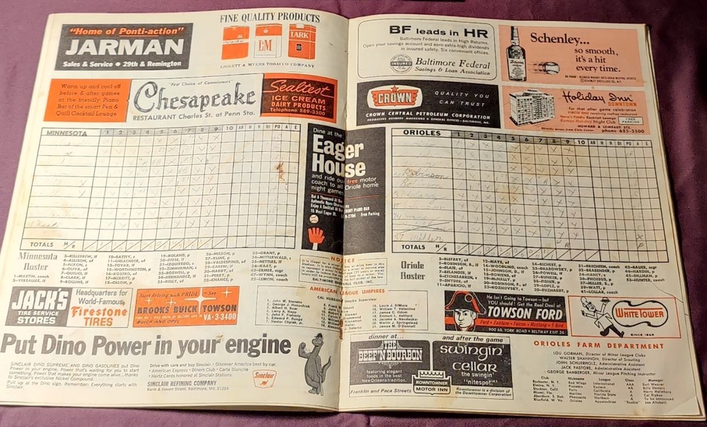 1967 Baltimore Orioles Program Frank Robinson 400th Home Run Game
