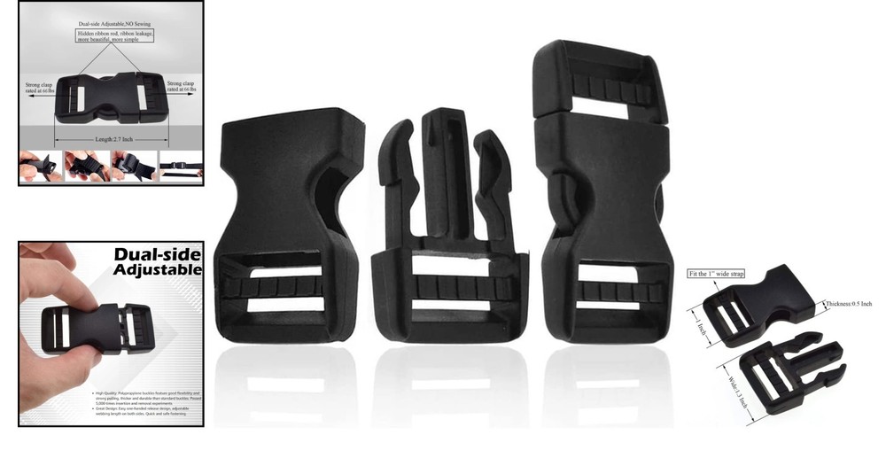 Heavy Duty 1" Side Release Buckles - No Sewing, Dual Adjustable Design (2-Pack)
