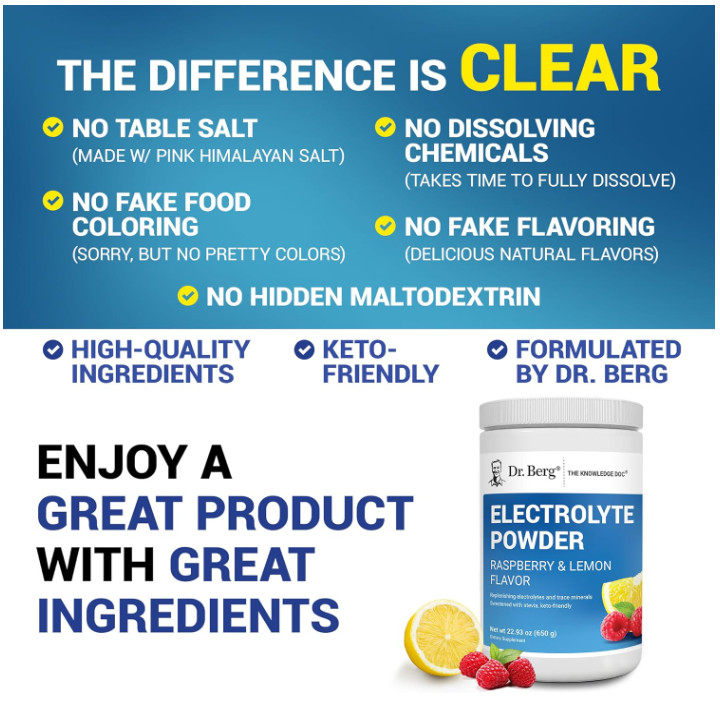Dr. Berg Zero Sugar Keto Electrolyte Powder, Raspberry Lemon, 100 Servings