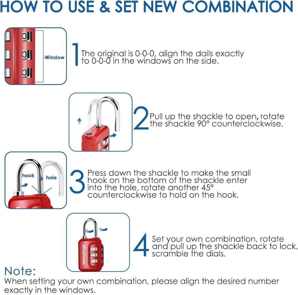 GIVERARE 2 Pack Combination Lock, 3-Digit Padlock Keyless, Small, Blue+Red