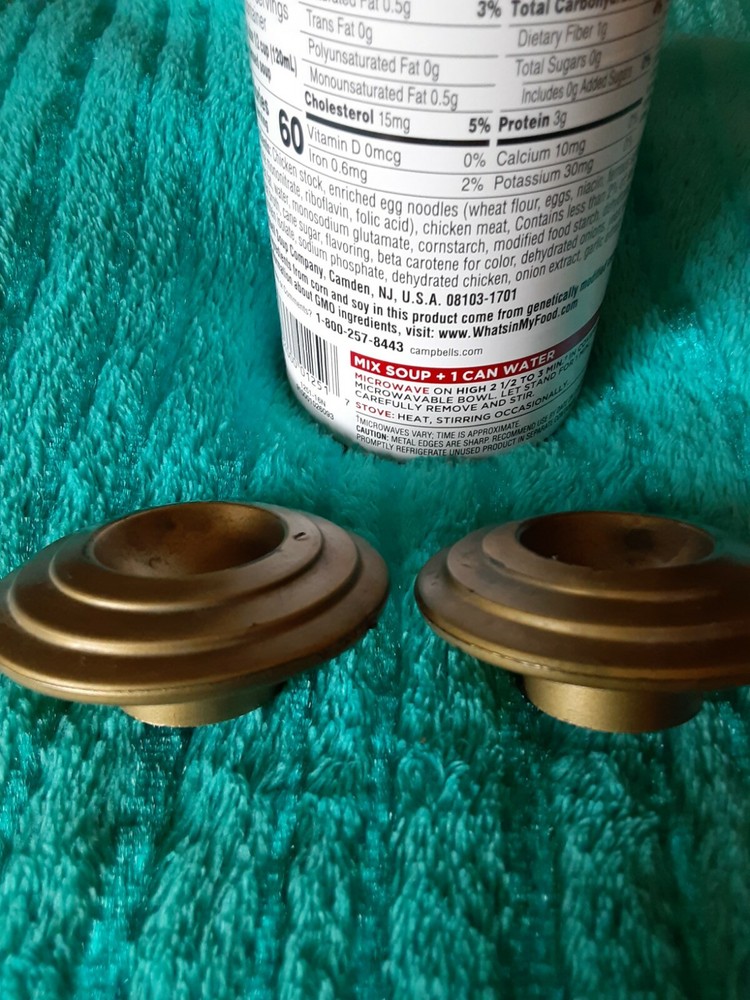 2 Vintage 60's Round Deco Faux Spun Brass Plastic Cabinet Knobs Pulls