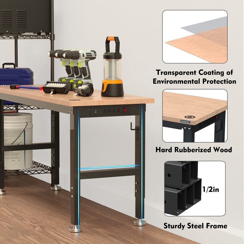 WORKPRO 60" Adjustable Workbench & 2 Pack Metal Pegboard Rubber Wood Workstation