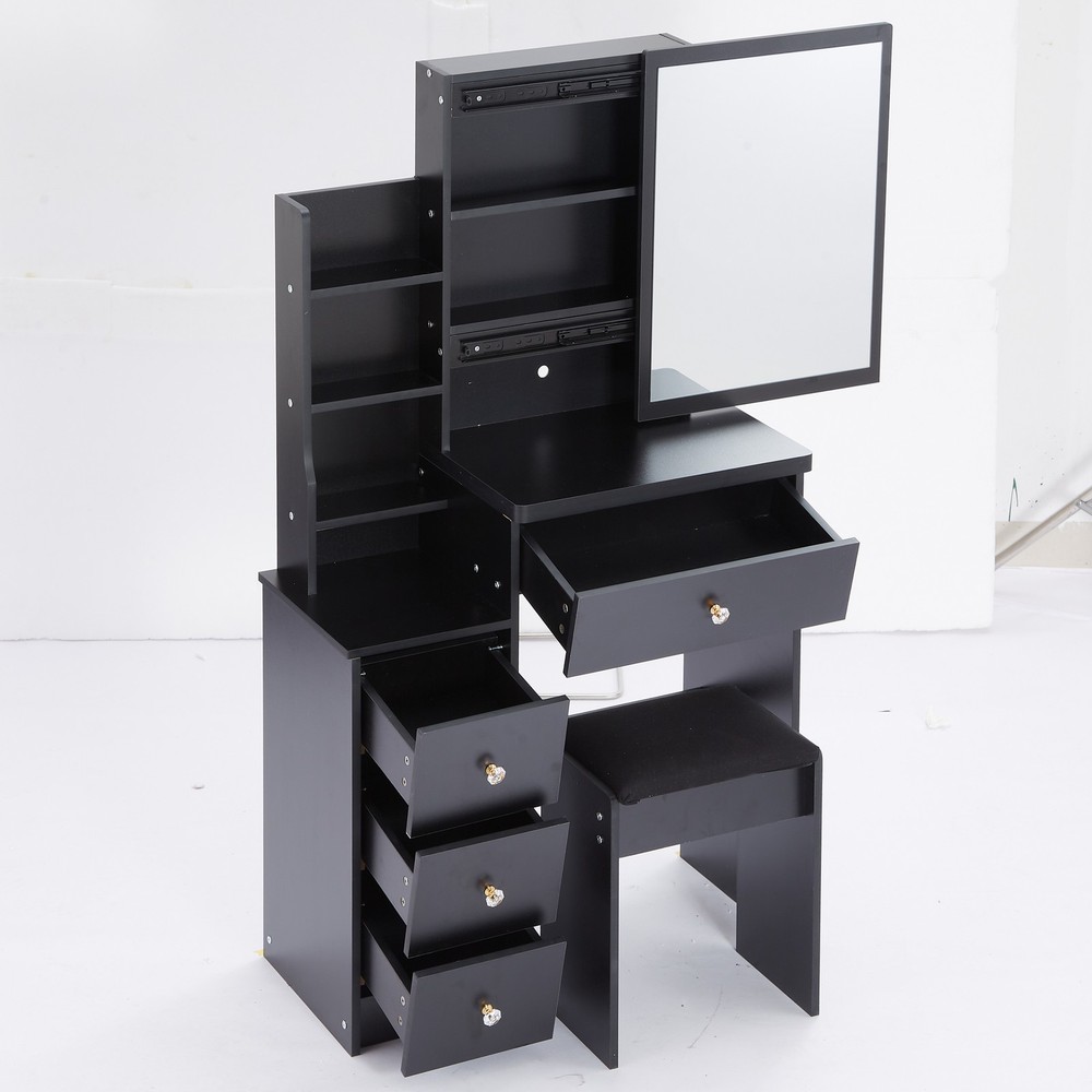 29.2" Small Space Left Bedside Cabinet Vanity Table + Cushioned Stool, Extra Lar