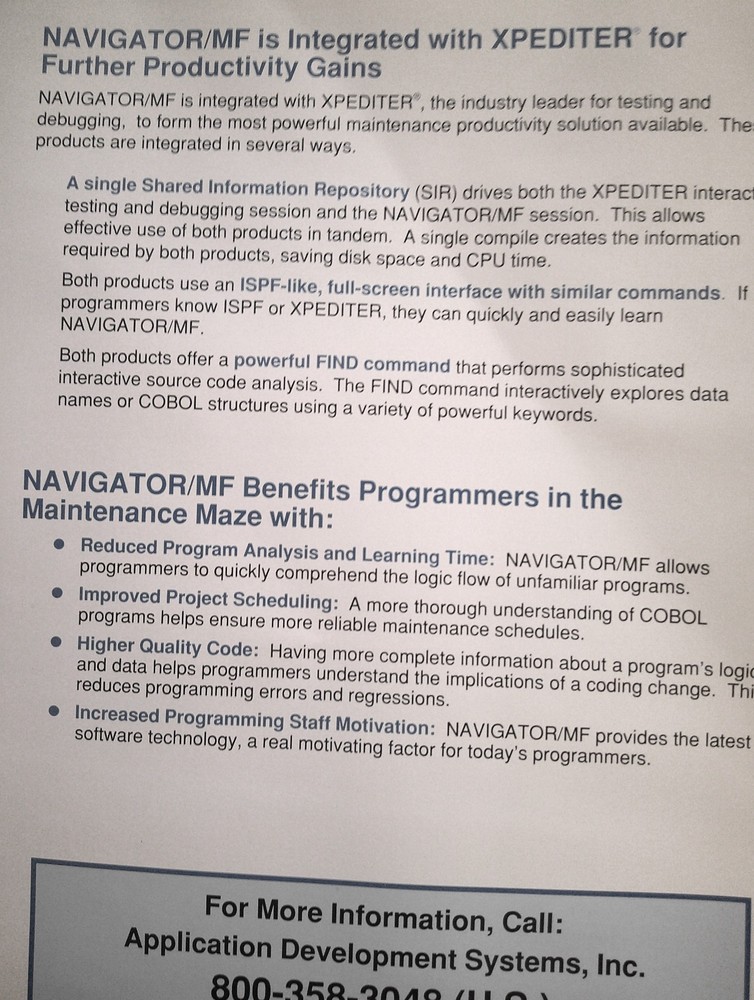 NAVIGATOR/MF brochure 1989 Source code analysis for IBM mainframe COBOL programs