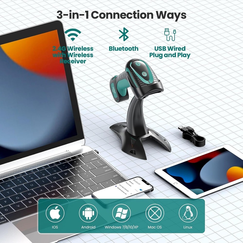 Anyeast Wireless Barcode Scanner with Stand Industrial 1D 2D QR Bluetooth Reader