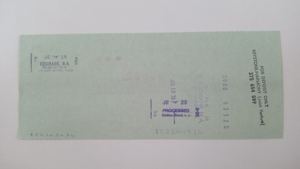 Keystone - Harmony: 1978 Pittsburgh Pirates Expense Check