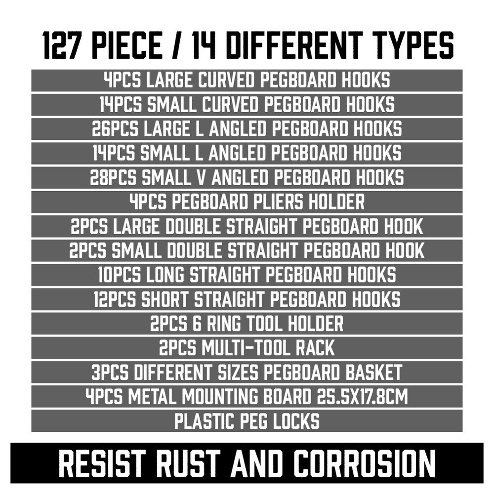 127 Pcs Pegboard Hooks Assortment (3 Baskets 4 pegboard) Organizing Tools