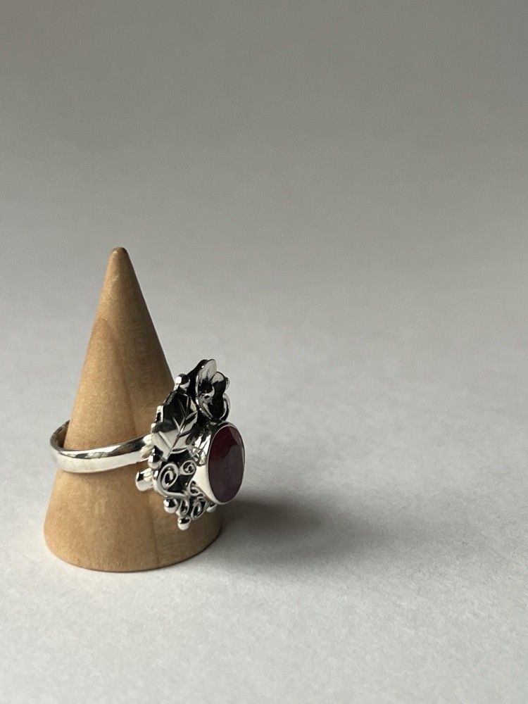 Red Coral Floral Ring 925 Sterling Silver, Adjustable Size