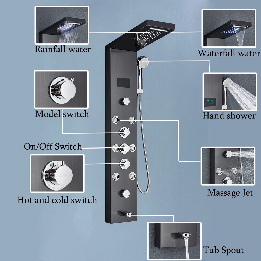 LED Shower Panel Tower System Stainless Steel Multi-Function Body Massage Jets