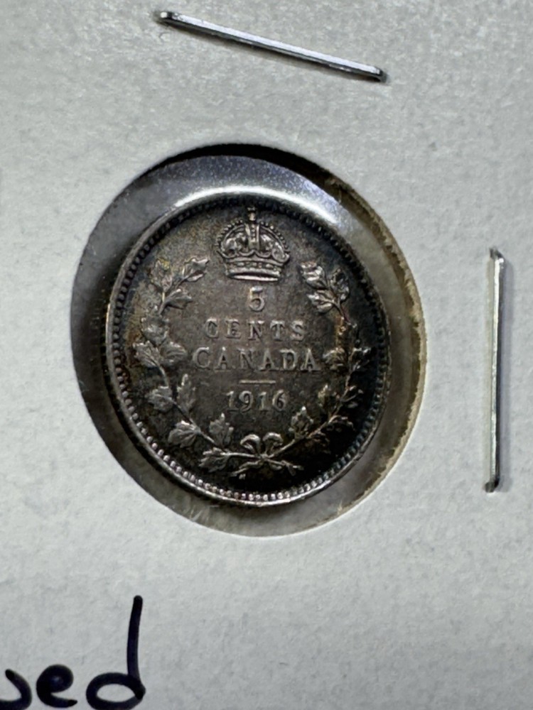 1916 Canada 5 Cents Small Silver Coin Cleaned