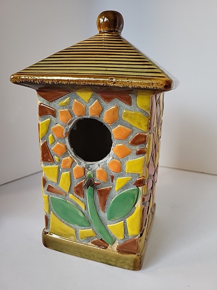 Ceramic Mosiac Birdhouse Sunflower Dragonfly