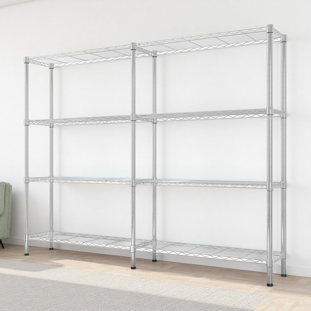 4-Tier Wire Shelving Unit - 2-Column, Heavy Duty, Adjustable, Silver & Modular