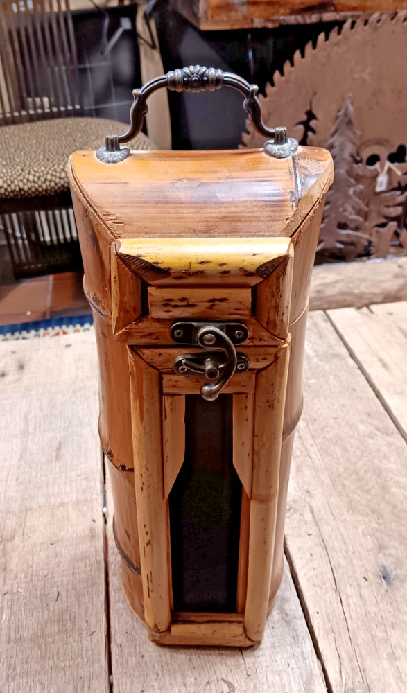 Bamboo Wine Bottle Carrier With Hinged Lid, Latch & Handle