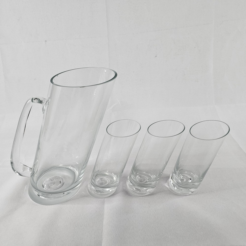 Clear Glass Tilted 9" Pitcher And 3 5.25" Glasses Please Read Description