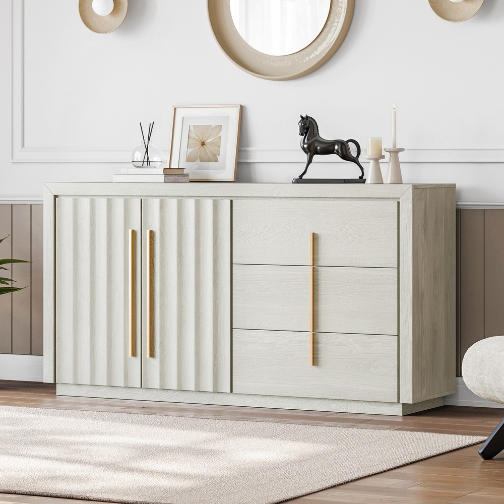 Sideboard Buffet Table w/ 3 Drawers & 2 Storage Cabinet - White Sand