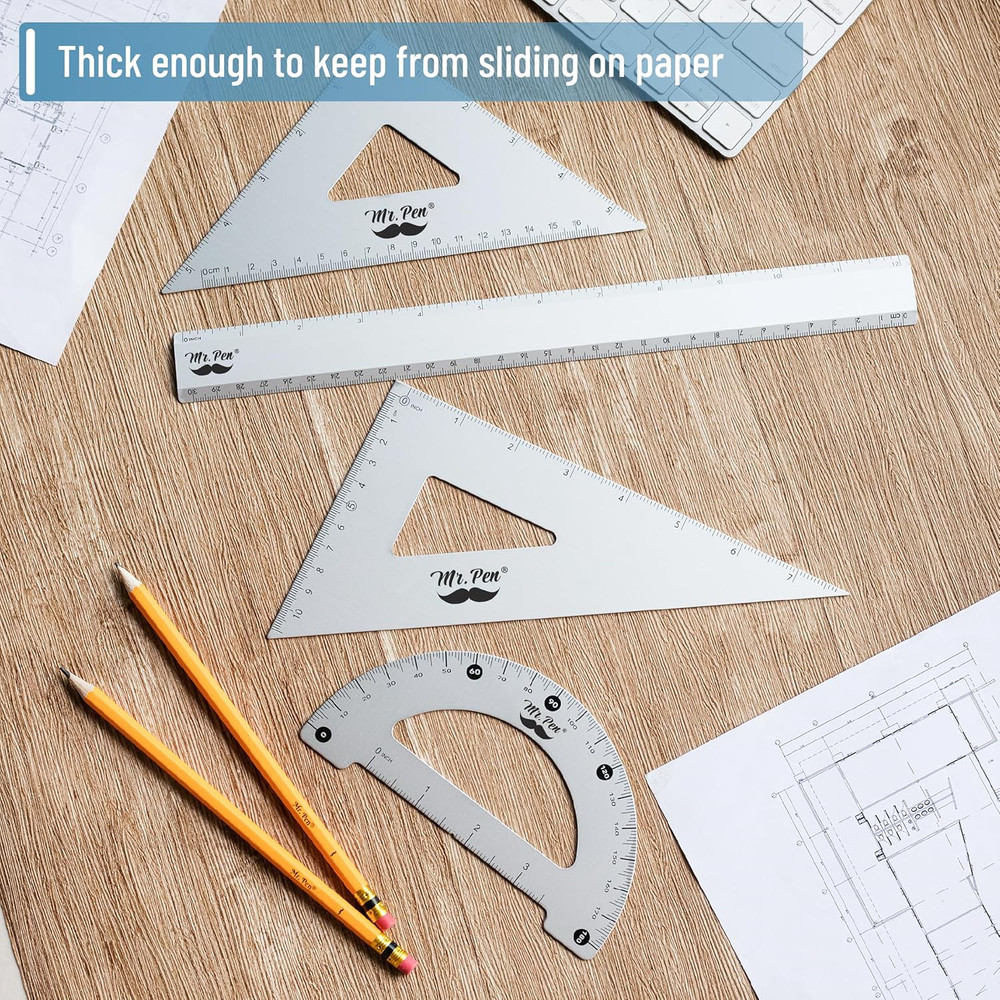 Metal Geometry Kit - 4Pack Set Square, Protractor, Aluminum Ruler, Drafting Tria