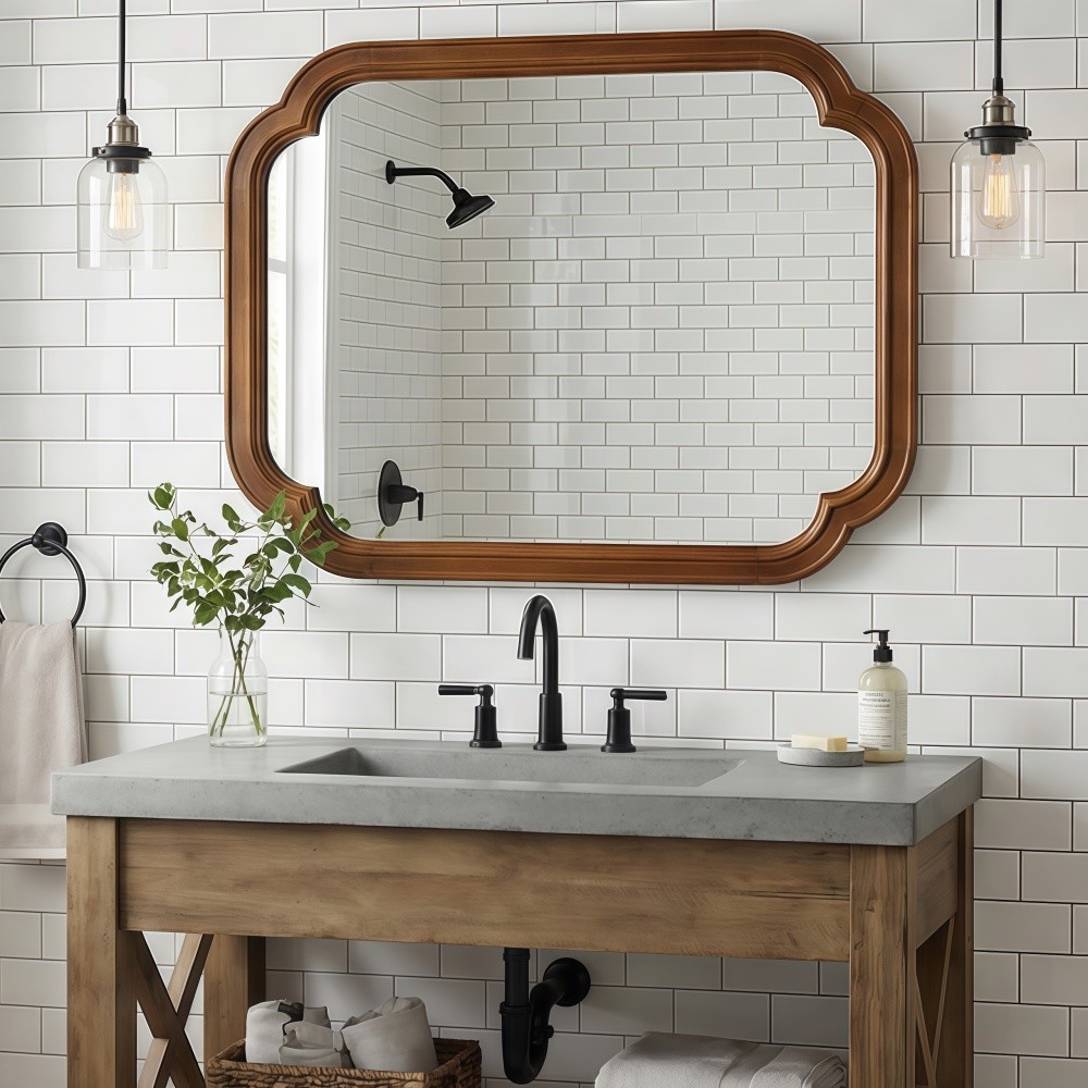 24x36 Solid Walnut Wall Mirror with Tempered Glass, Round Corner Art Deco