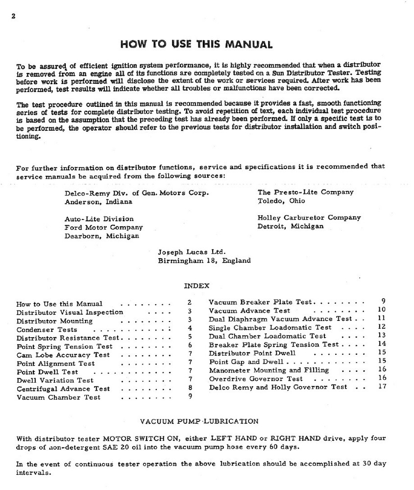 SUN Distributor Tester Instruction Manual Model 404 504 Syncrograph Sun Scope