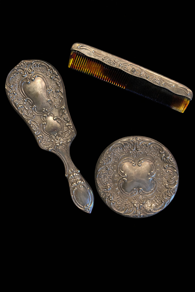Antique Silver Plated Vanity Set Brush Comb Complete Powder Dish