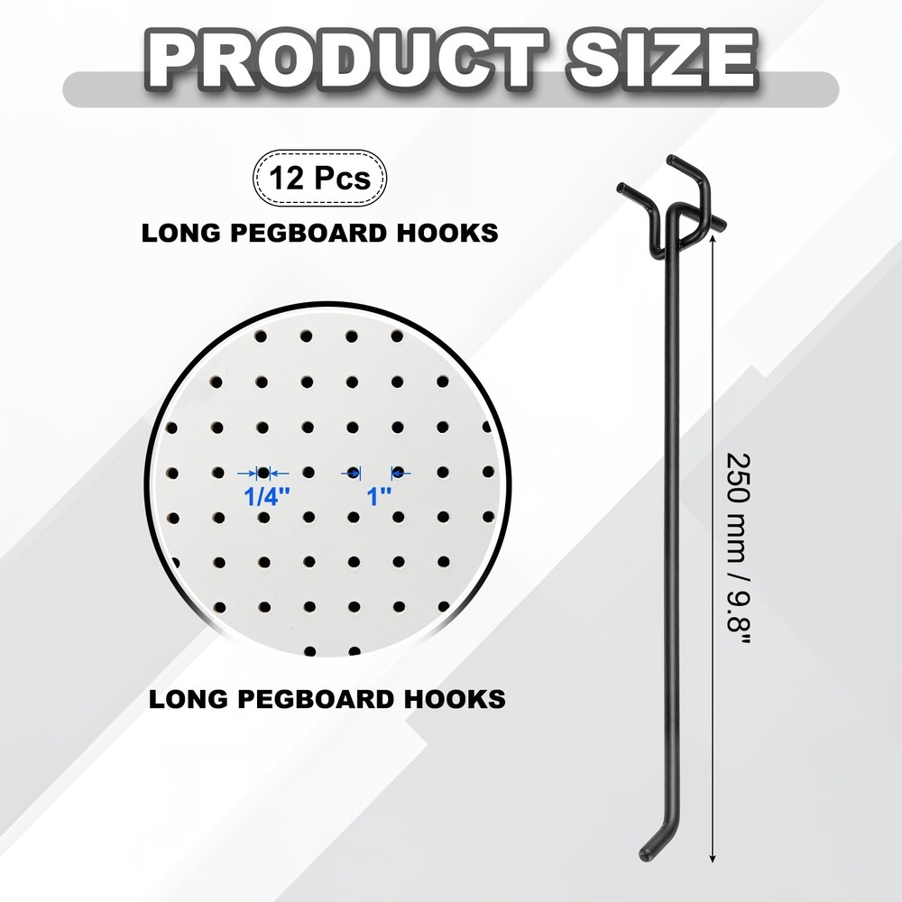 12 Pcs Pegboard Hooks, 9.8" Peg Board Hooks Kit, Black (1mm)