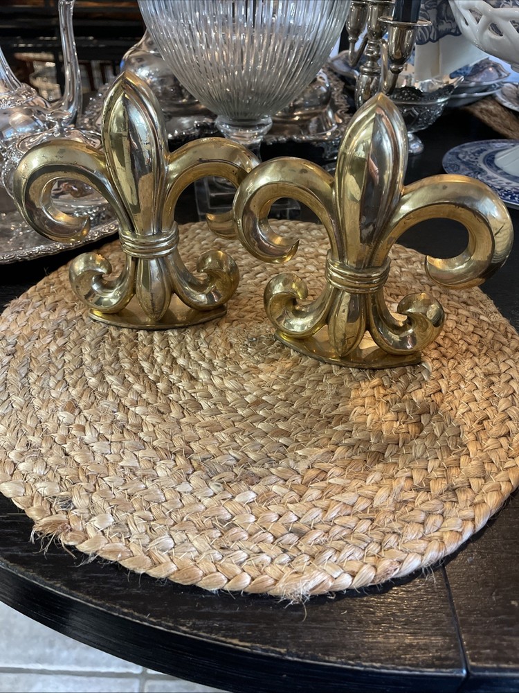Vintage Brass Bookends Fleur De Lis Book Ends Solid Brass Hollywood Regency