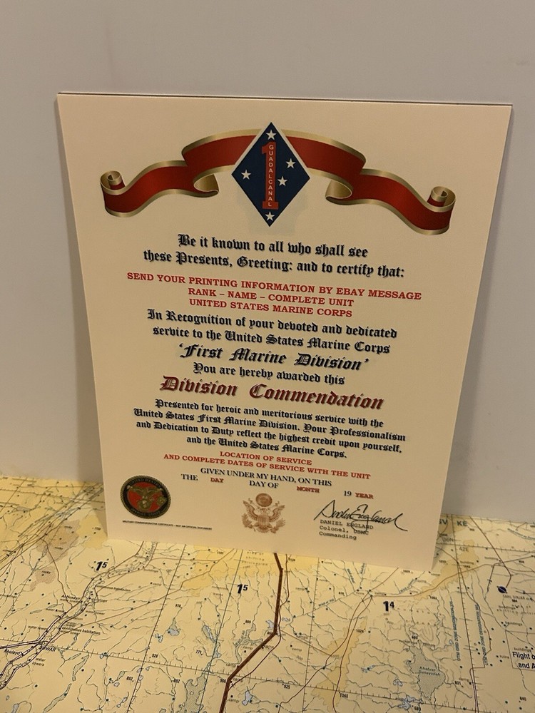 U.S.M.C. / FIRST MARINE DIVISION ~ DIVISION COMMENDATION REPLACEMENT CERTIFICATE